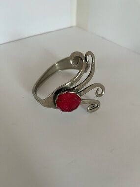 Vintage Bent Fork Bracelet Cuff with Red Stone, Hand Made Alpaca Silco USA